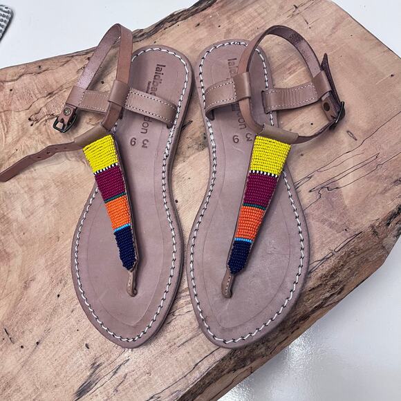 Laidback London Brown/Multi Women's Kisu Beaded Flat Slingback Sandal EU39 - Picture 1 of 6
